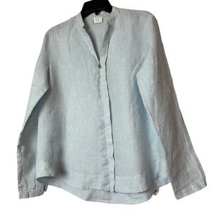 bogner womens 100 % linen blouse top Long Sleeve 1/2 Zip pullover blue size 8